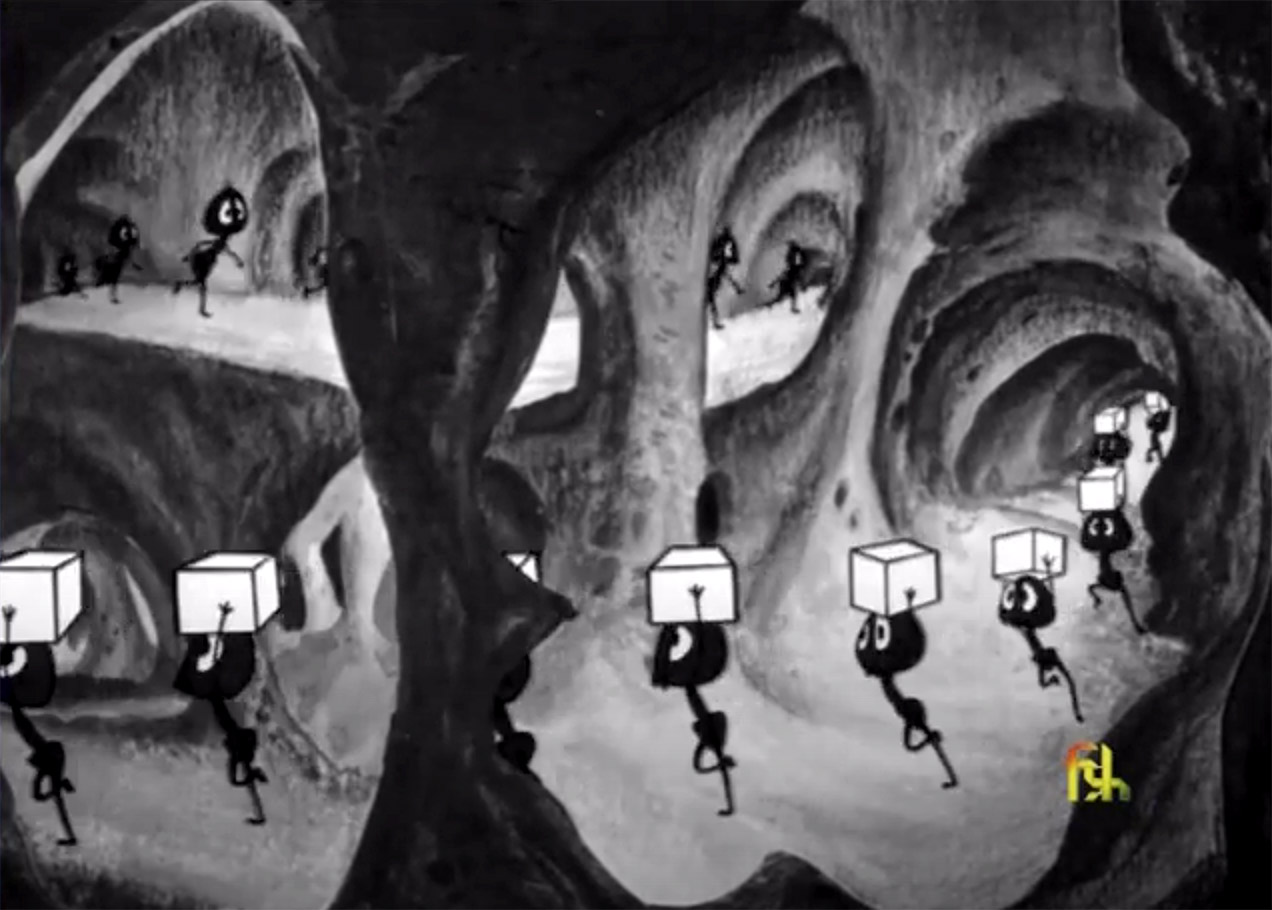 cartoon ants carrying boxes in a tunnel