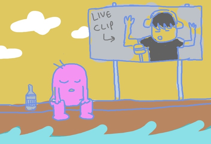 boi sitting with bottle and live clip on billboard