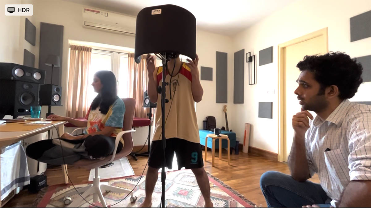 Dice lead vocals recording_Aditi (left), Clyde (centre), Ujwal (right)