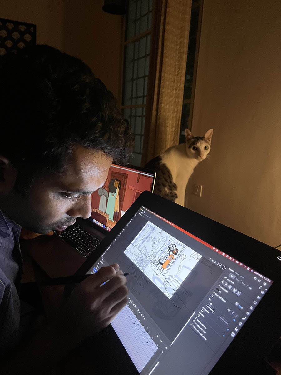 Ujwal working at home_Ujwal (left), Thulli (right)